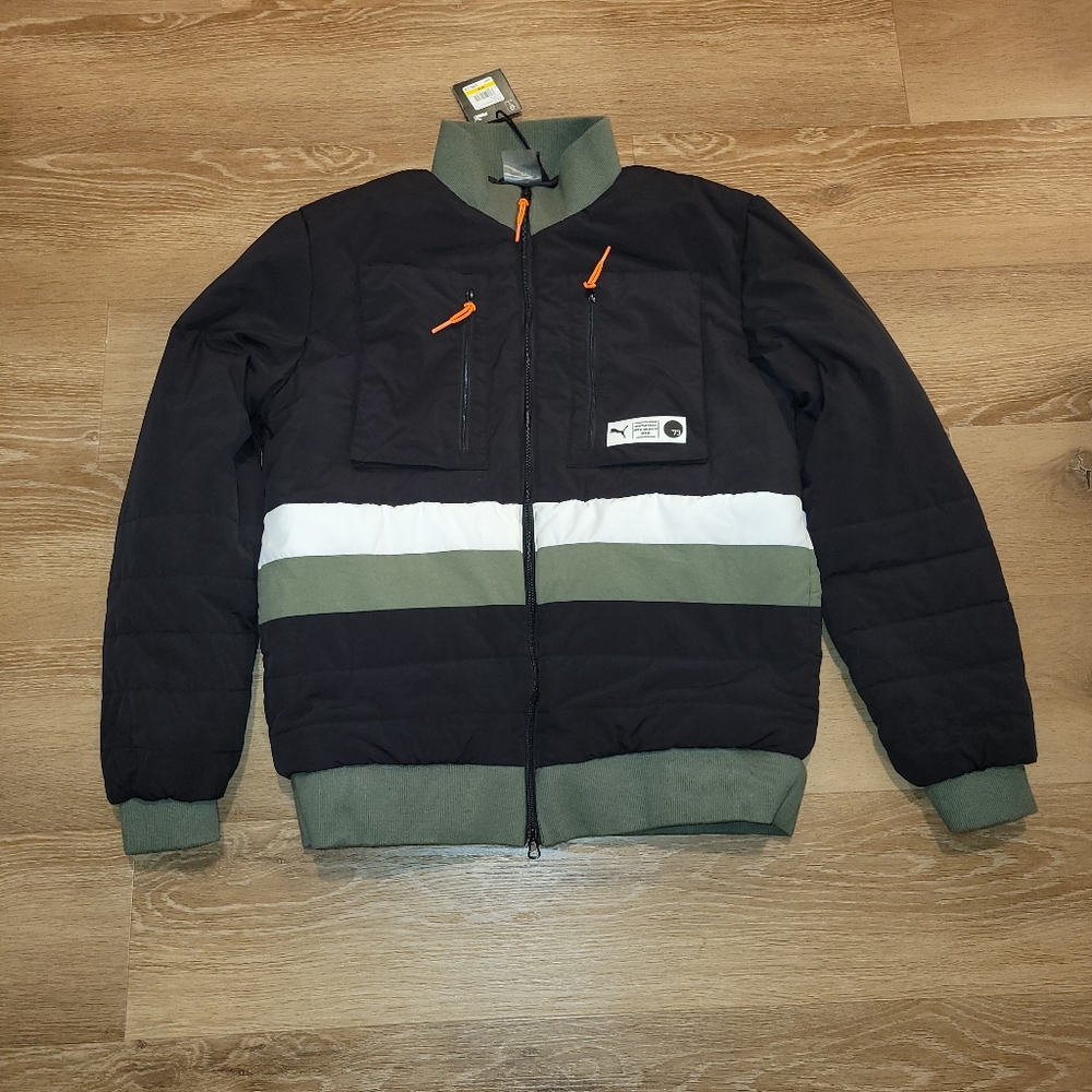 Puma Men Size Medium Parquet Quilted Puffer Jacket Olive Green Black New